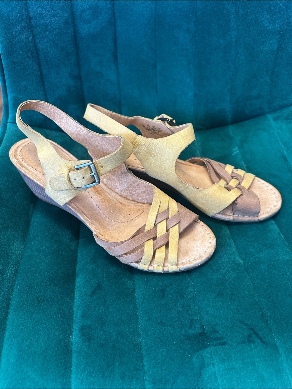 Naya Yellow and Brown Woven Slingback Wedge Sandals